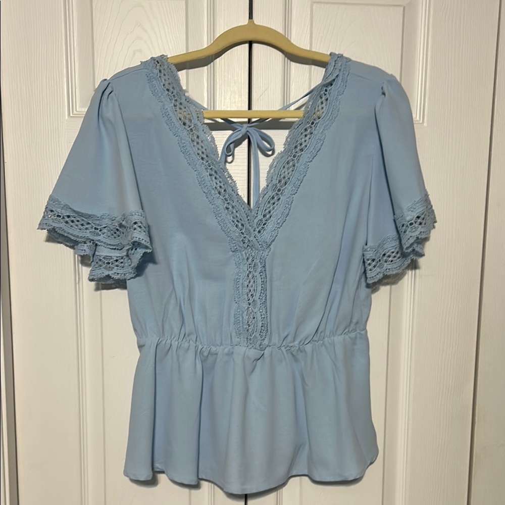Light Blue Lace Trim Women's Top
